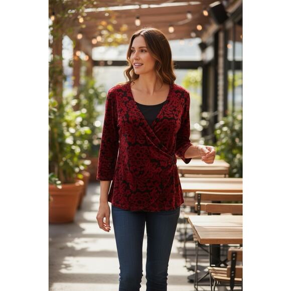 Choices Velvet Faux Wrap Blouse Lined Top Red Black Goth Vamp Whimsigoth Large - Picture 16 of 16